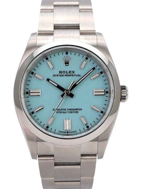Rolex Oyster Perpetual 36 126000 Türkisblau mit türkisblauem Zifferblatt und Edelstahlarmband.