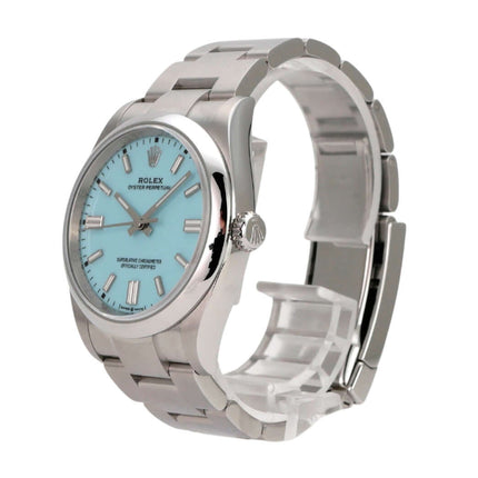 Rolex Oyster Perpetual 36 126000 Türkisblau Uhr mit türkisblauem Zifferblatt und Edelstahlarmband.