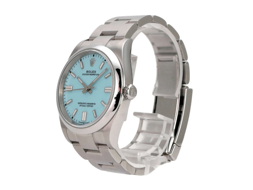 Rolex Oyster Perpetual 36 126000 Türkisblau Uhr mit türkisblauem Zifferblatt und Edelstahlarmband.