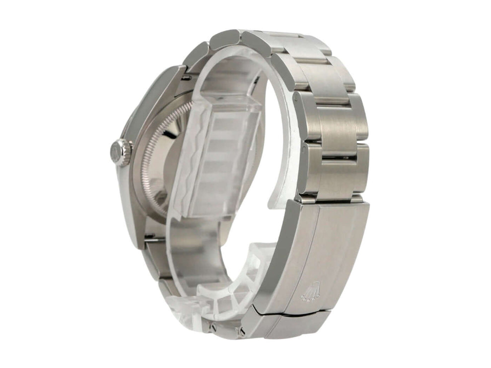 Rolex Oyster Perpetual 36 126000 Türkisblau Edelstahlarmband Detailansicht, poliert und satiniert.