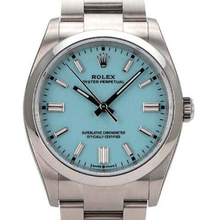Rolex Oyster Perpetual 36 126000 Tiffany Blau mit türkisblauem Zifferblatt und Edelstahlarmband.