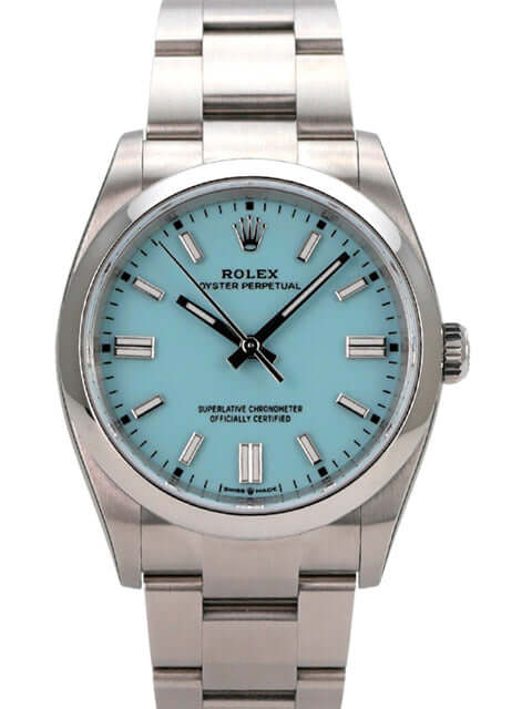 Rolex Oyster Perpetual 36 126000 Tiffany Blau mit türkisblauem Zifferblatt und Edelstahlarmband.