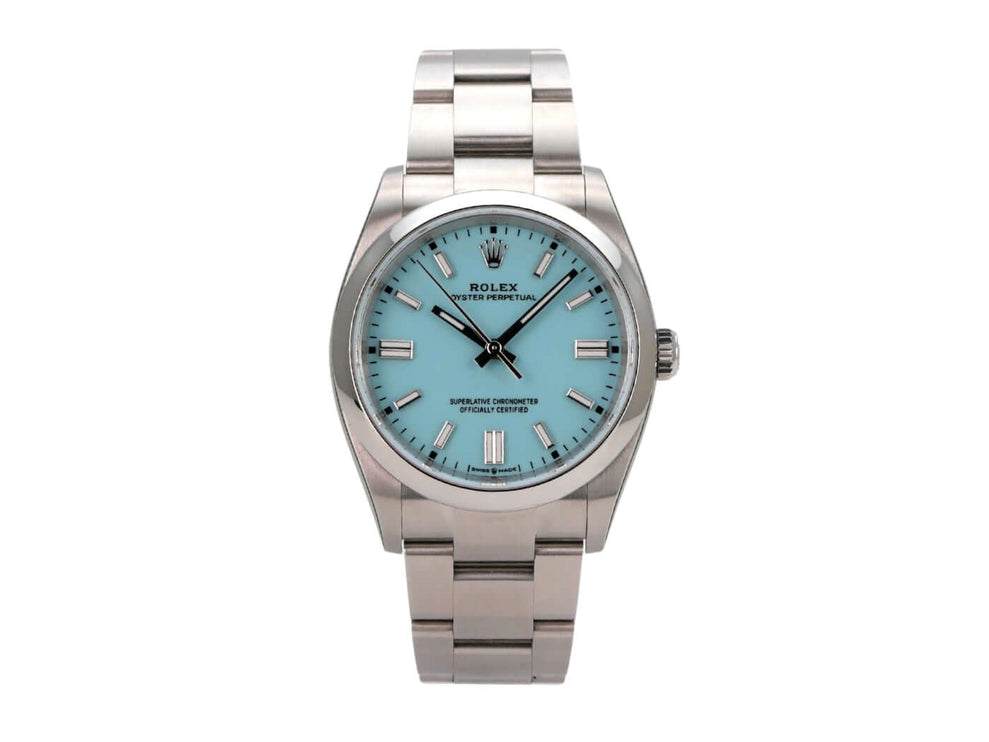Rolex Oyster Perpetual 36 126000 Tiffany Blau - Automatikwerk, türkisblaues Zifferblatt in Edelstahlgehäuse.