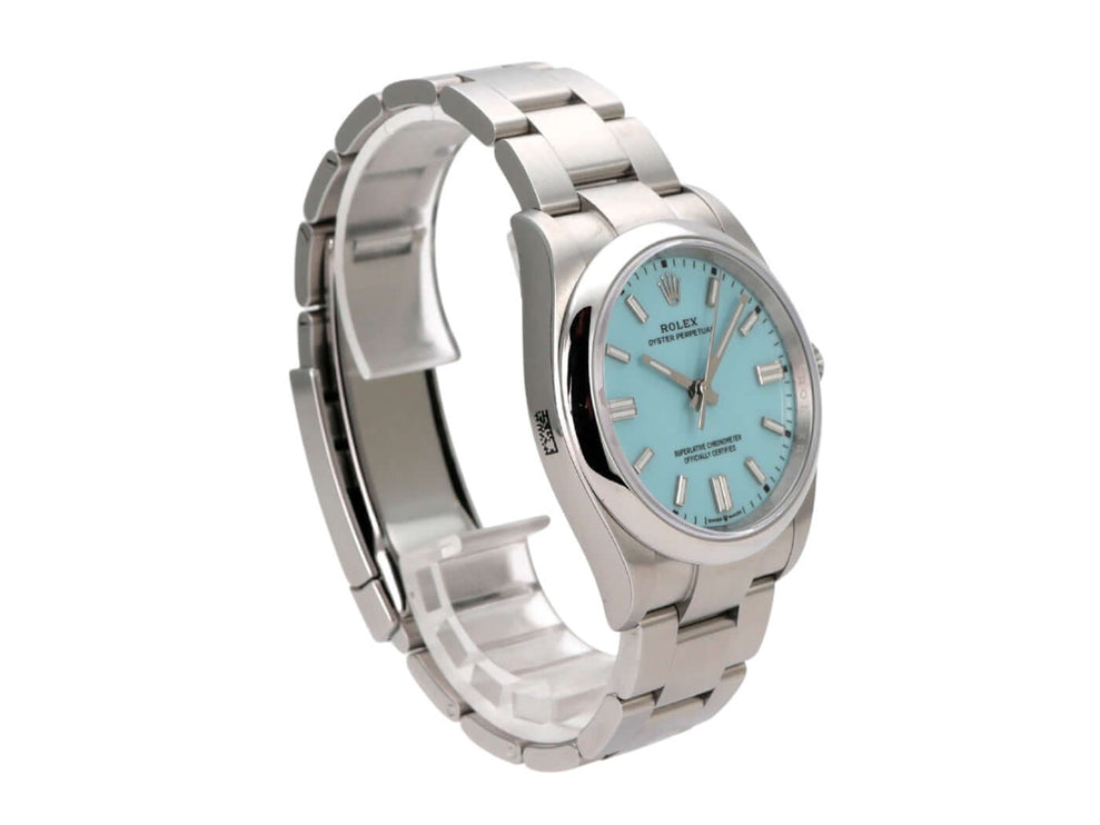 Rolex Oyster Perpetual 36 126000 Tiffany Blau mit türkisblauem Zifferblatt und Edelstahlarmband.