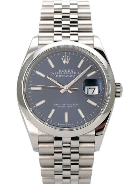 Rolex Datejust 36 Oystersteel 126200 Blau Jubile-Band mit blauem Zifferblatt und Jubilé-Edelstahlband.