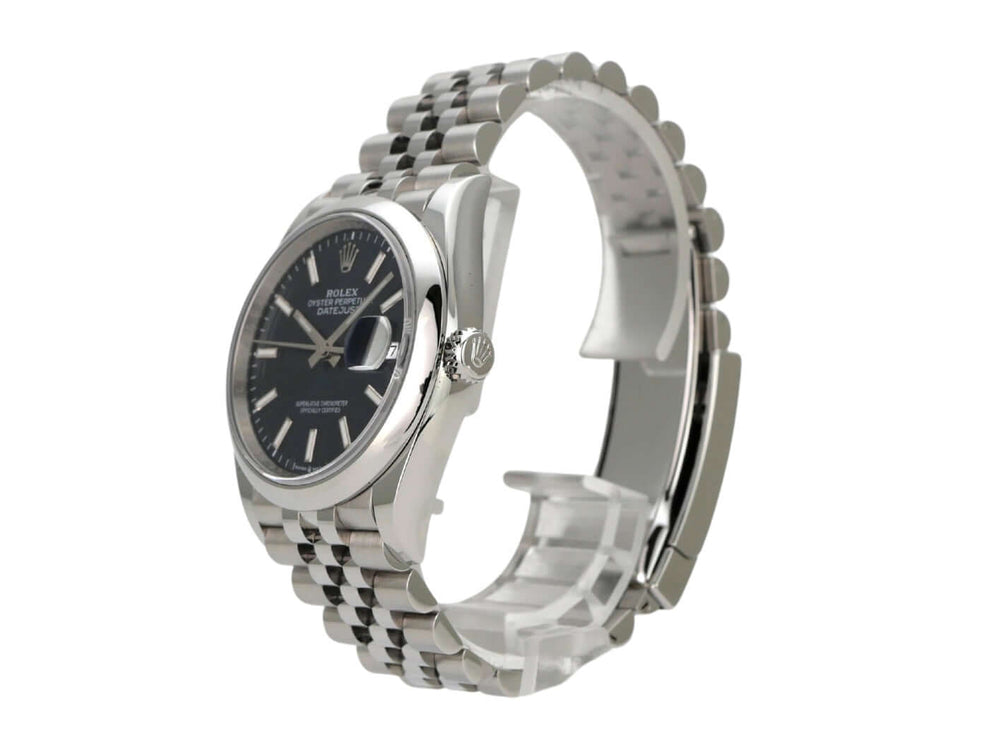 Rolex Datejust 36 Oystersteel 126200 Blau Jubile-Band seitliche Ansicht mit blauem Zifferblatt und Jubilé-Edelstahlband.