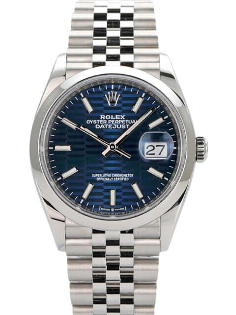 Rolex Datejust 36 mit blauem Zifferblatt, Riffelmuster und Jubile-Edelstahlband, Modell 126200