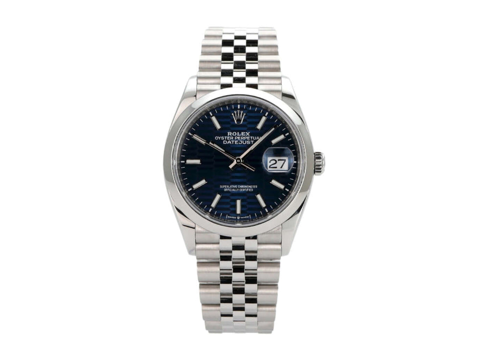 Rolex Datejust 36 aus Oystersteel mit blauem Zifferblatt und Jubile-Edelstahlband, Ref. 126200.