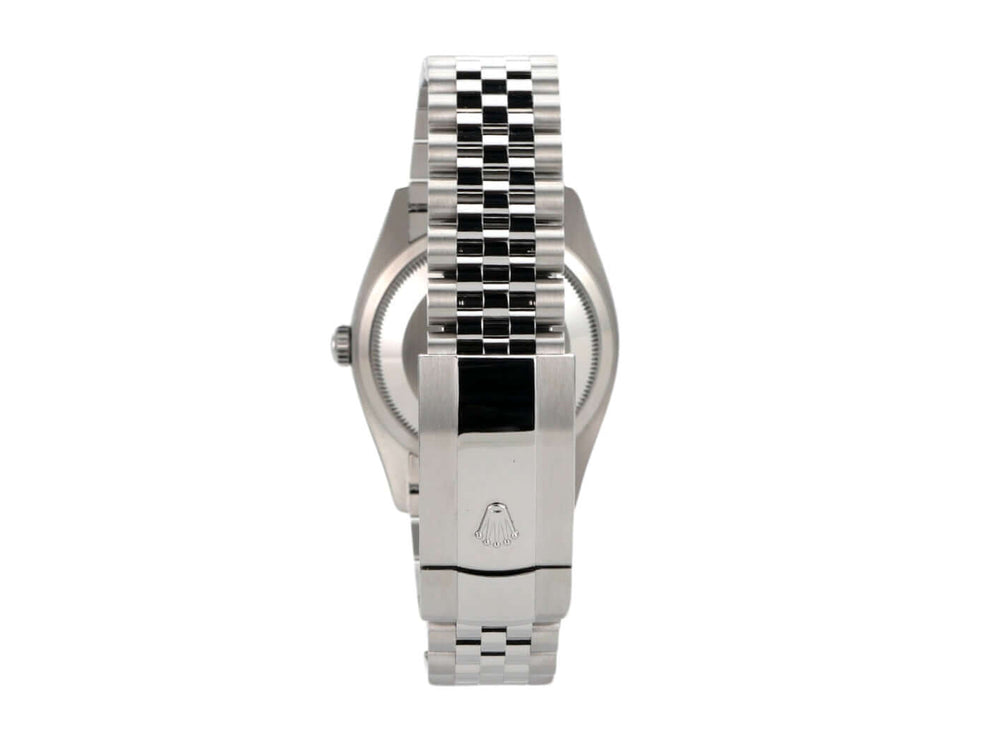 Rolex Datejust 36 Oystersteel Rückansicht mit Jubile-Edelstahlband und Rolex-Logo.