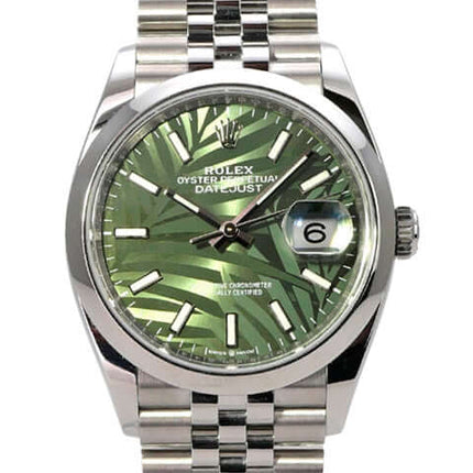 Rolex Datejust 36 Oystersteel 126200 Olivgrün Palmenmuster Jubile-Band mit grünem Zifferblatt und Edelstahlband.
