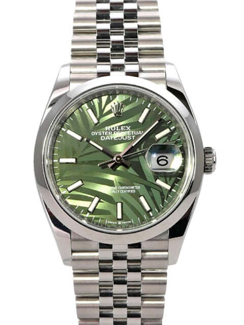 Rolex Datejust 36 Oystersteel 126200 Olivgrün Palmenmuster Jubile-Band mit grünem Zifferblatt und Edelstahlband.