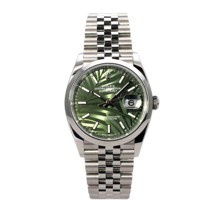 Rolex Datejust 36 Oystersteel 126200 Olivgrün Palmenmuster Jubile-Band mit grünem Zifferblatt und Edelstahlarmband.