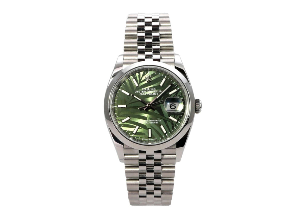 Rolex Datejust 36 Oystersteel 126200 Olivgrün Palmenmuster Jubile-Band mit grünem Zifferblatt und Edelstahlarmband.