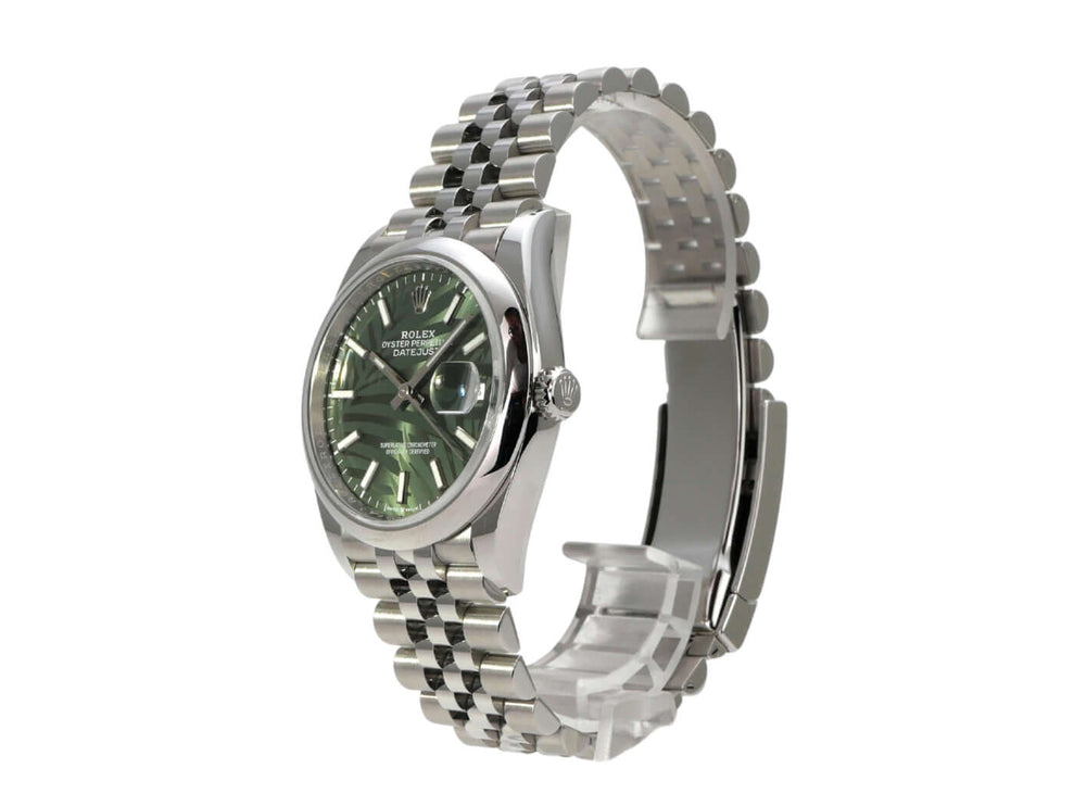 Rolex Datejust 36 Oystersteel 126200 Olivgrün Palmenmuster Jubile-Band mit Edelstahlband seitlich