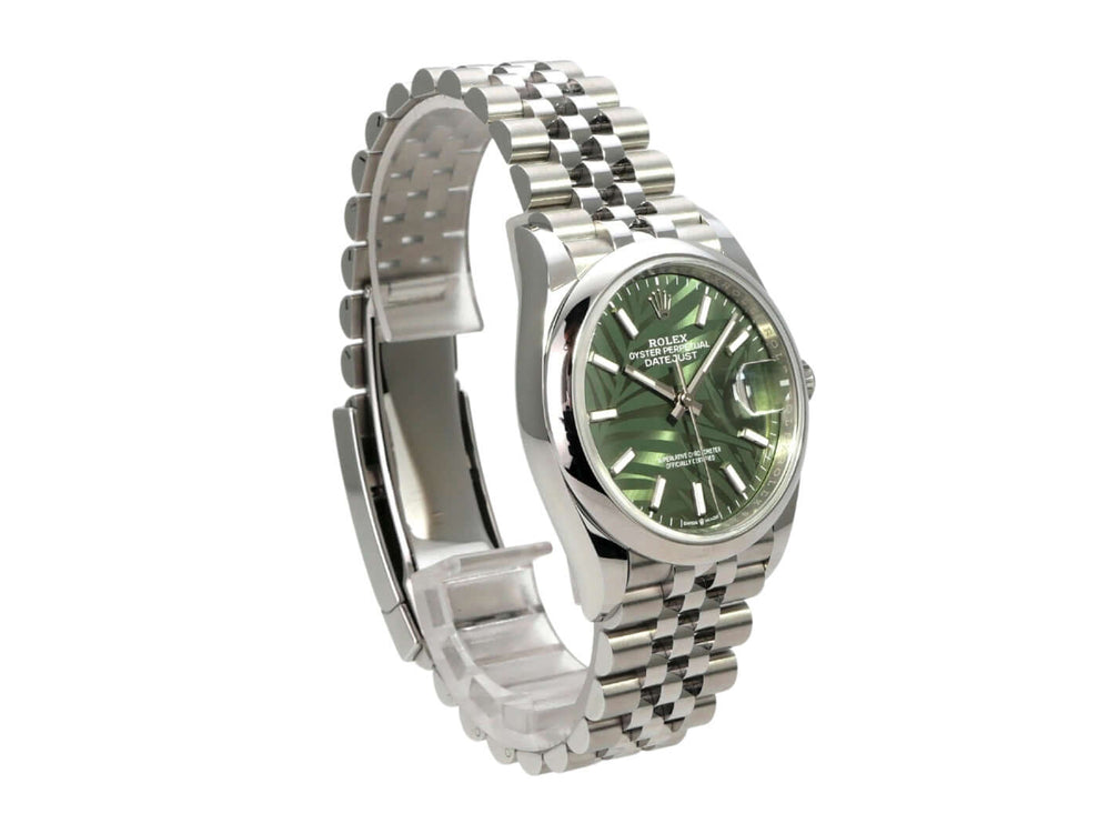 Rolex Datejust 36 Oystersteel 126200 Olivgrün Palmenmuster Jubile-Band auf silbernem Edelstahlarmband.
