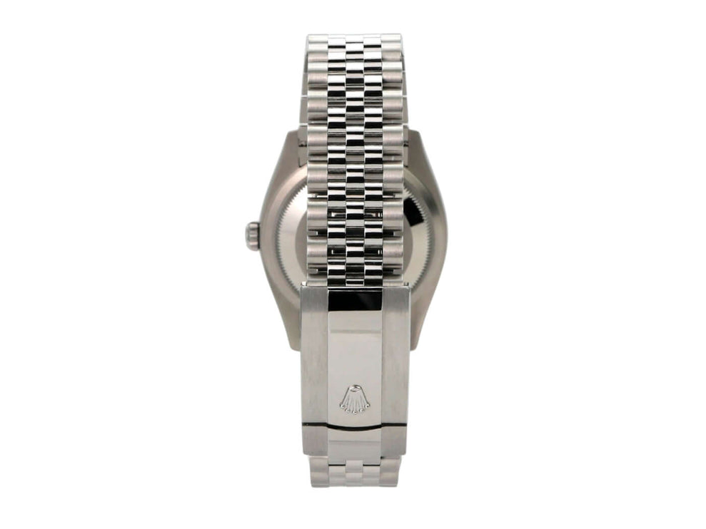 Rolex Datejust 36 Oystersteel 126200 Olivgrün Palmenmuster Jubile-Band von hinten mit Jubile-Armband.