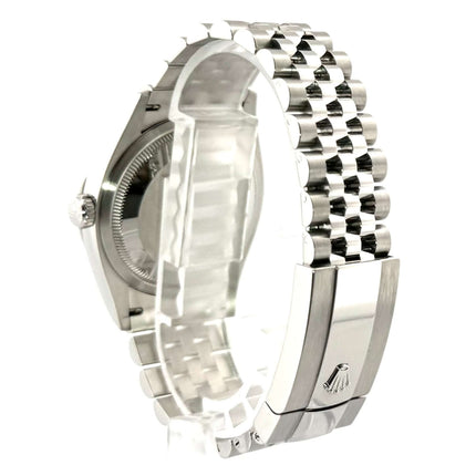 Rückseite des Rolex Datejust 36 Oystersteel Ref. 126200 mit Jubilé-Band in Edelstahl, poliert und satiniert, verschraubte Krone sichtbar.