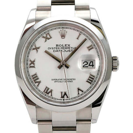 Rolex Datejust 36 Oystersteel 126200 Weiß Römisch, weißes Zifferblatt mit römischen Ziffern und Datumsanzeige