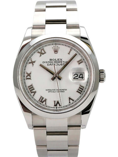 Rolex Datejust 36 Oystersteel 126200 Weiß Römisch, weißes Zifferblatt mit römischen Ziffern und Datumsanzeige