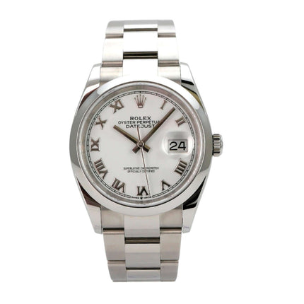 Rolex Datejust 36 Oystersteel 126200 Weiß Römisch, Edelstahl mit weißem Zifferblatt und römischen Ziffern