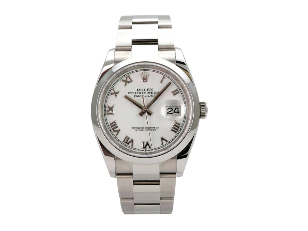 Rolex Datejust 36 Oystersteel 126200 Weiß Römisch, Edelstahl mit weißem Zifferblatt und römischen Ziffern