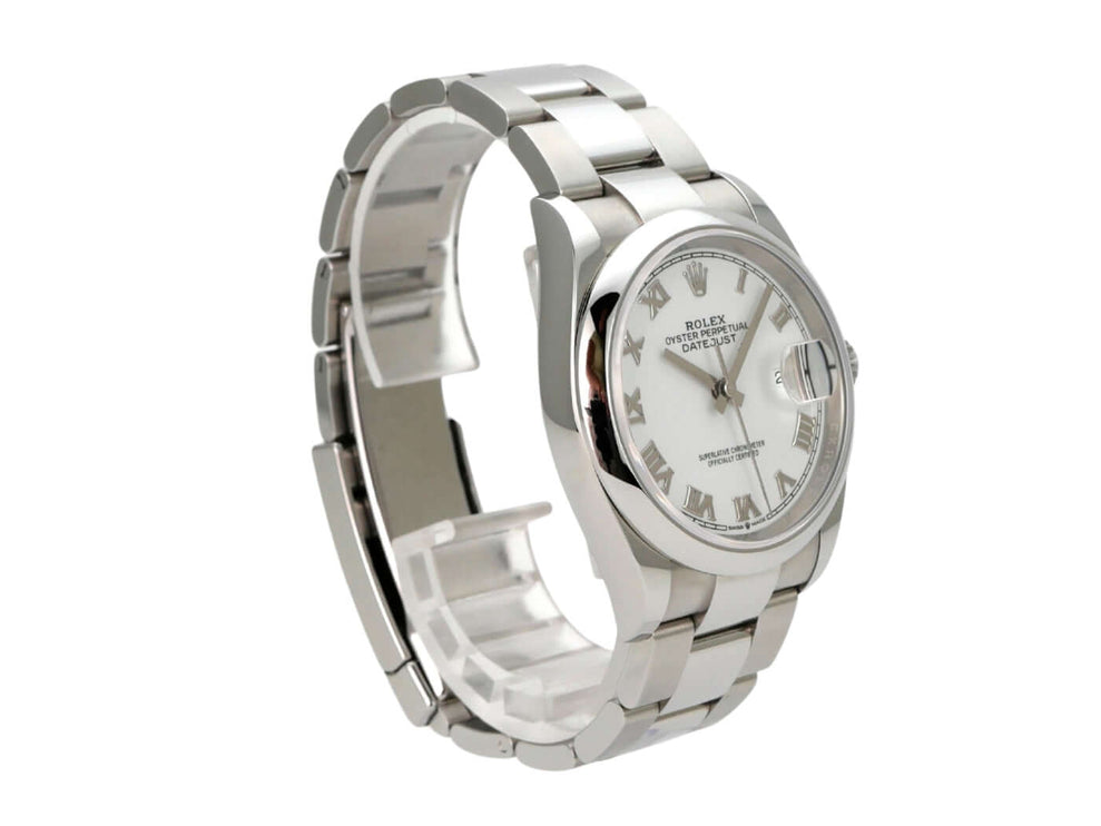 Rolex Datejust 36 Oystersteel 126200 Weiß Römisch, Herrenuhr mit weißem Zifferblatt und Edelstahlband
