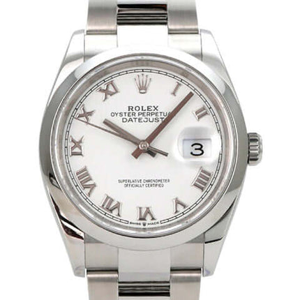 Rolex Datejust 36 Oystersteel 126200 Weiß Römisch, Gehäuse aus Edelstahl, weißes Zifferblatt mit römischen Ziffern.
