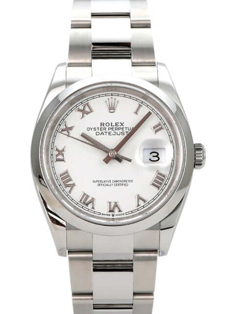 Rolex Datejust 36 Oystersteel 126200 Weiß Römisch, Gehäuse aus Edelstahl, weißes Zifferblatt mit römischen Ziffern.
