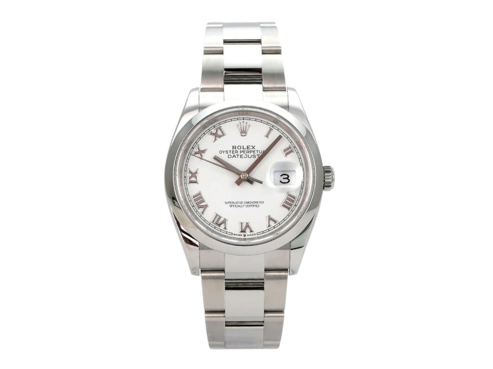 Rolex Datejust 36 Oystersteel 126200 Weiß Römisch mit Edelstahlarmband und weißem Zifferblatt