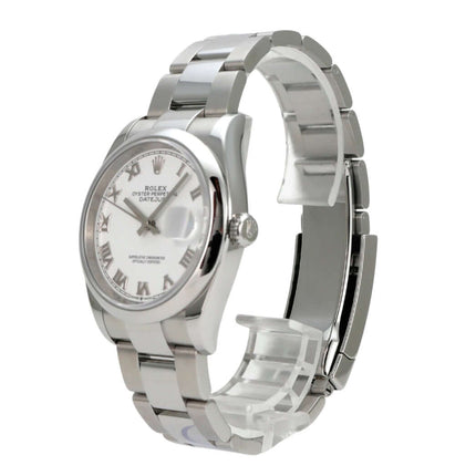 Rolex Datejust 36 Oystersteel 126200 Weiß Römisch Uhr aus Edelstahl mit weißem Zifferblatt und römischen Ziffern.