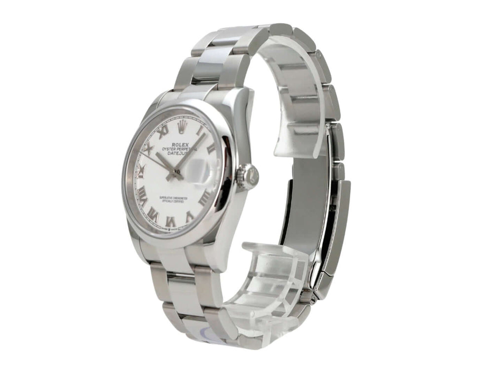 Rolex Datejust 36 Oystersteel 126200 Weiß Römisch Uhr aus Edelstahl mit weißem Zifferblatt und römischen Ziffern.