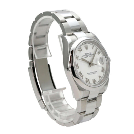 Rolex Datejust 36 Oystersteel 126200 Weiß Römisch, Edelstahlarmband, weißes Zifferblatt mit römischen Ziffern.