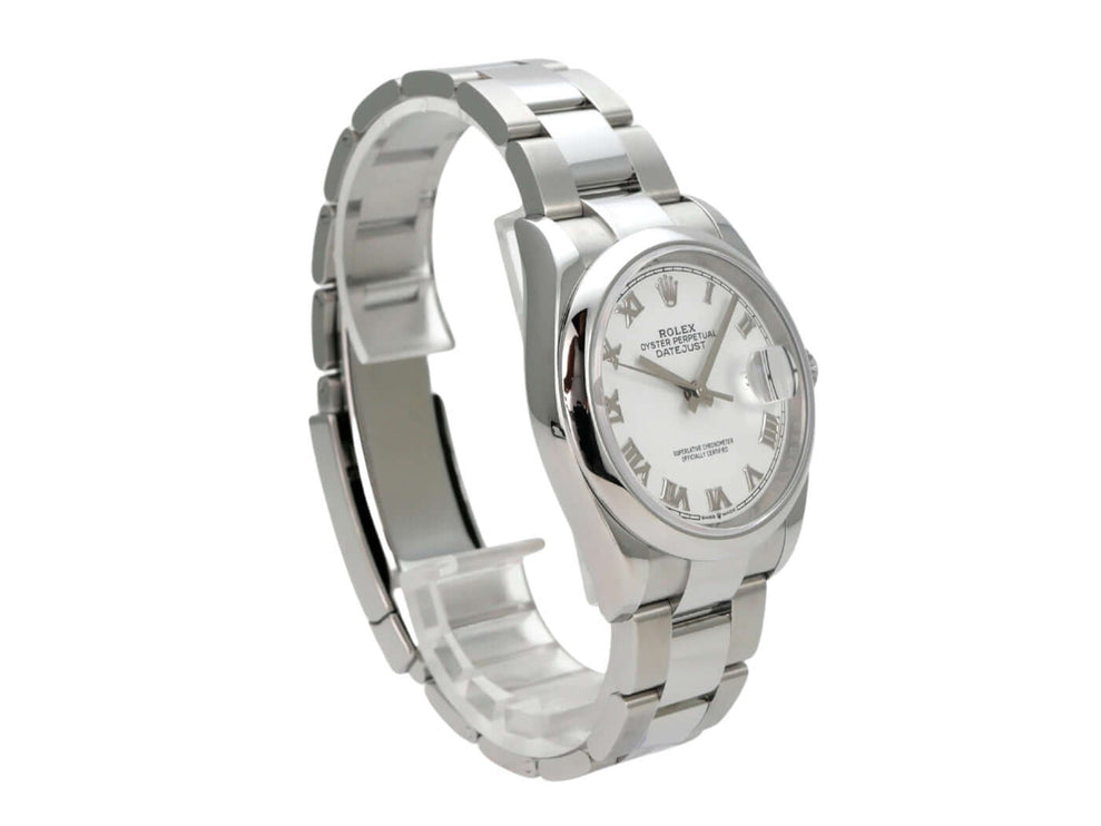 Rolex Datejust 36 Oystersteel 126200 Weiß Römisch, Edelstahlarmband, weißes Zifferblatt mit römischen Ziffern.