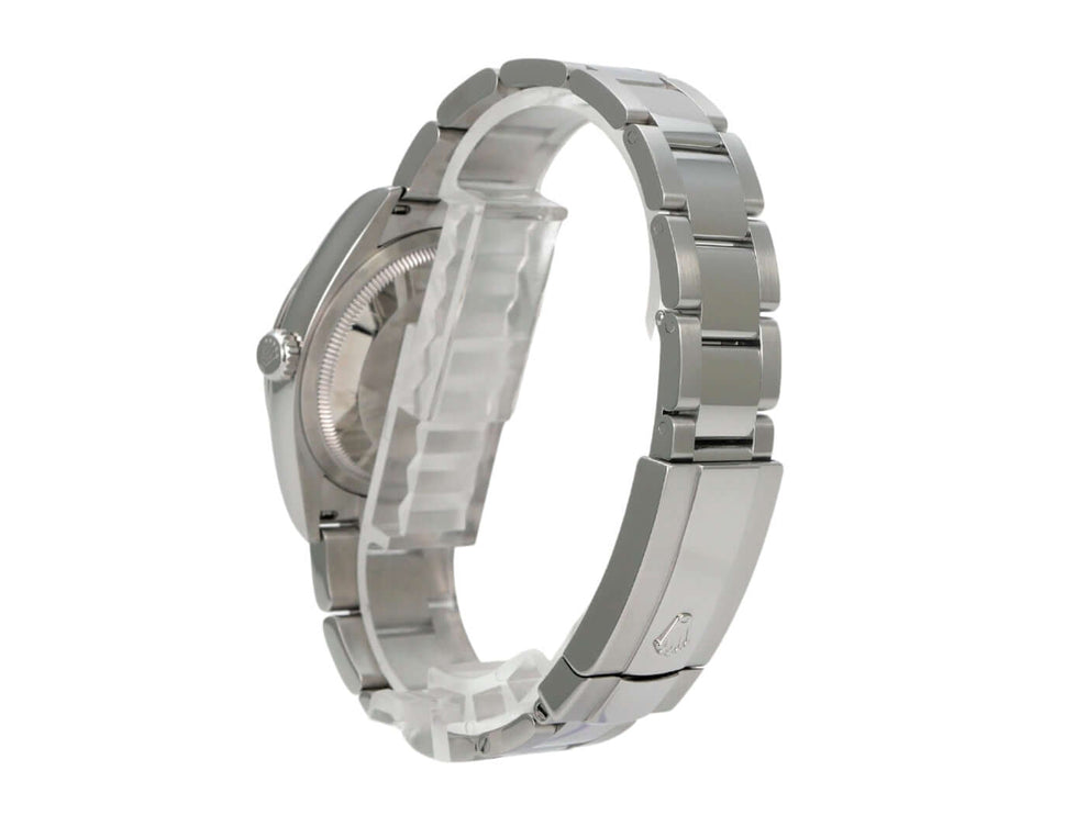 Rolex Datejust 36 Oystersteel 126200 Weiß Römisch mit Oyster-Edelstahlband seitlich in poliertem Design.