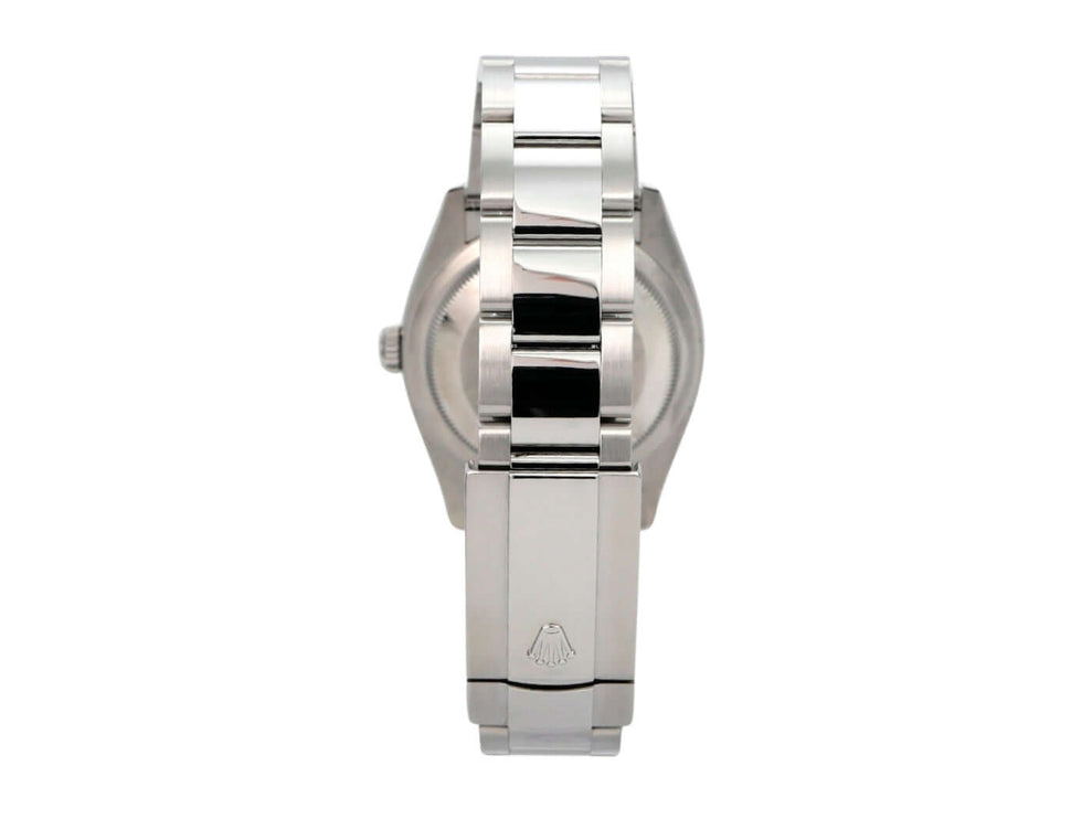 Rolex Datejust 36 Oystersteel 126200 Weiß Römisch Rückansicht mit Edelstahlband und Rolex-Logo.