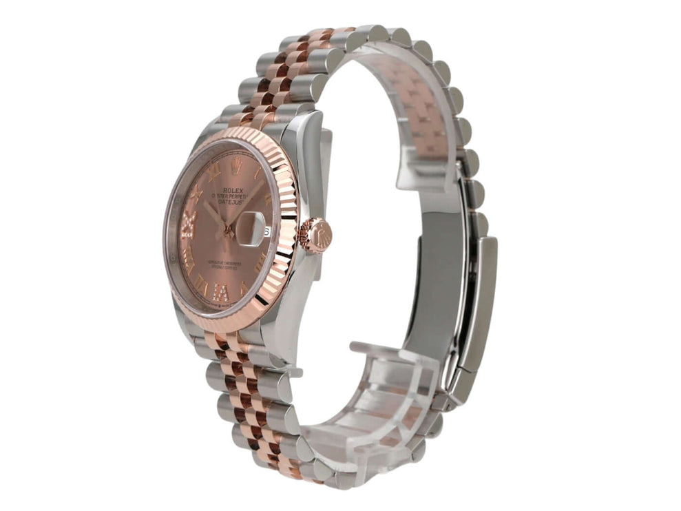 Rolex Datejust 36 126231 Pink Römisch Diamant Jubile-Band Seite mit Everose-Gold und Edelstahl Armband.