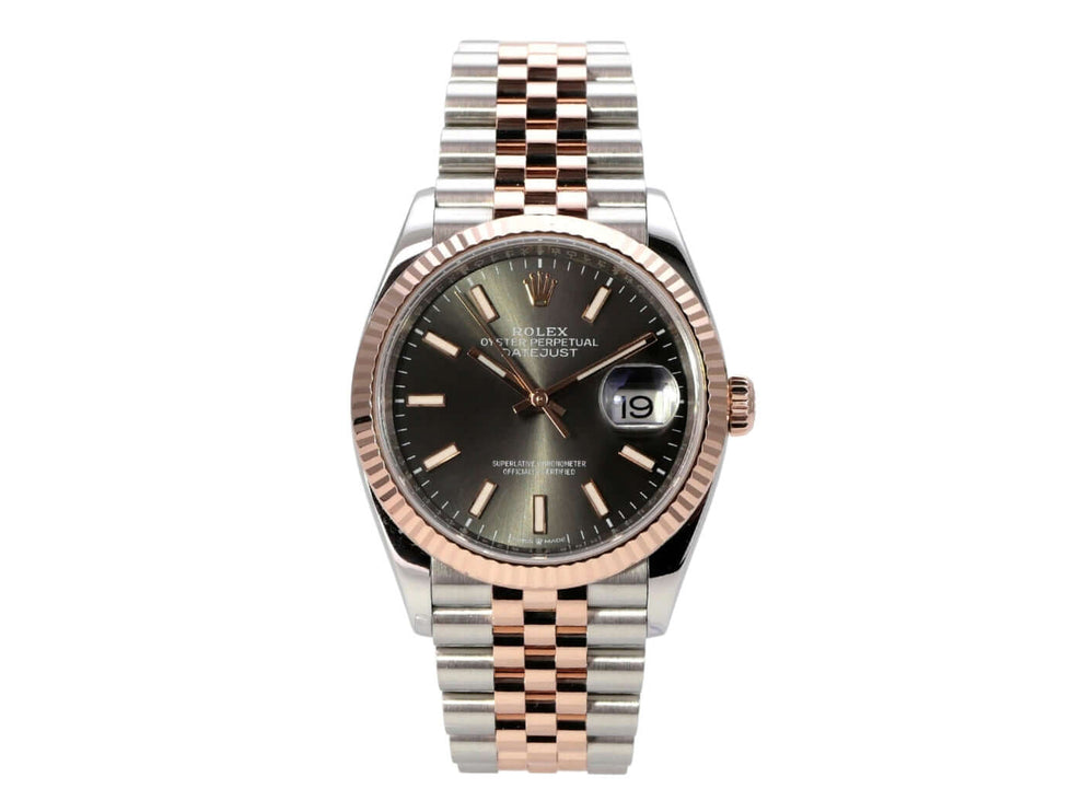 Rolex Datejust 36 Oystersteel Everose-Gold 126231 Rhodium Jubile-Band mit dunklem Rhodium Zifferblatt und Jubilé Armband.