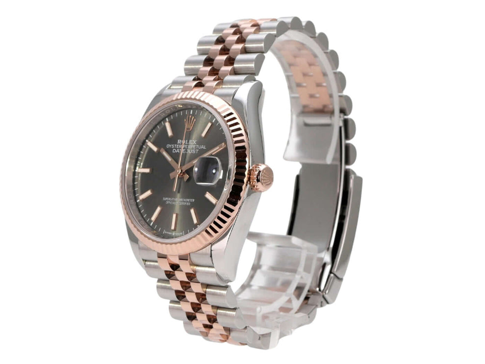 Rolex Datejust 36 Oystersteel Everose-Gold 126231 Rhodium Jubile-Band in Edelstahl und Everose-Gold, dunkles Zifferblatt