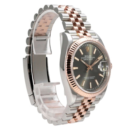Rolex Datejust 36 Oystersteel Everose-Gold 126231 Rhodium Jubile-Band mit poliertem Gehäuse und dunklem Zifferblatt