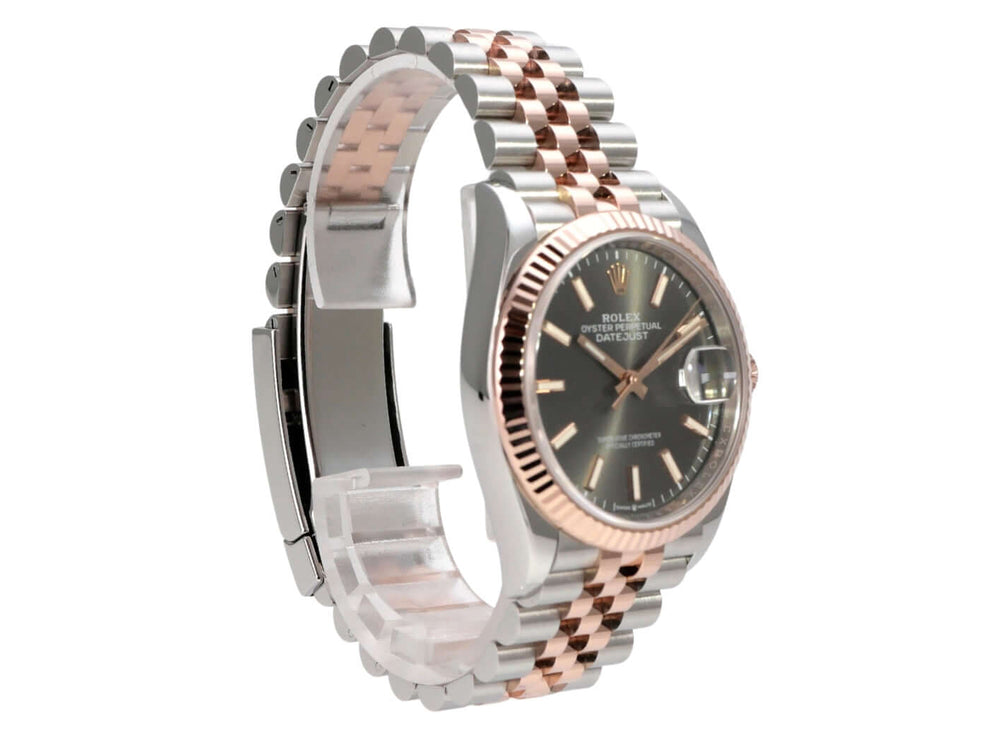 Rolex Datejust 36 Oystersteel Everose-Gold 126231 Rhodium Jubile-Band mit poliertem Gehäuse und dunklem Zifferblatt