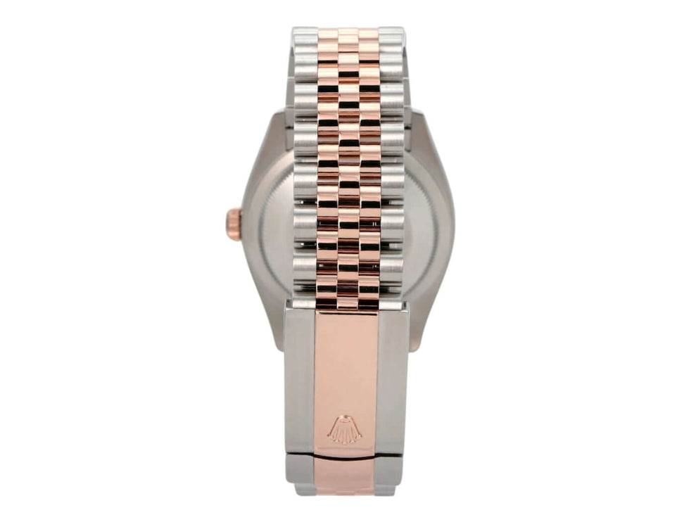 Rolex Datejust 36 Oystersteel Everose-Gold 126231 Rhodium Jubile-Band Ansicht der Rückseite mit Jubile-Armband.