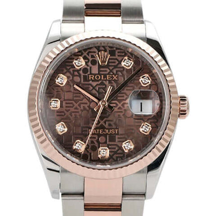 Rolex Datejust 36 aus Edelstahl und Everose-Gold mit schokoladenfarbenem Zifferblatt und Diamanten.