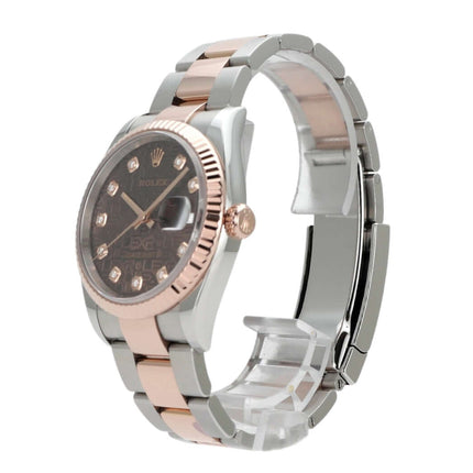 Rolex Datejust 36 aus Edelstahl und Everose-Gold mit schokoladenfarbenem Zifferblatt und Diamanten.