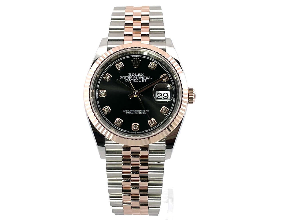 Rolex Datejust 36 Schwarz Diamant, Oystersteel und Everose-Gold, Ref. 126231, geriffelte Lünette, Jubiläums-Armband, Automatikuhrwerk.