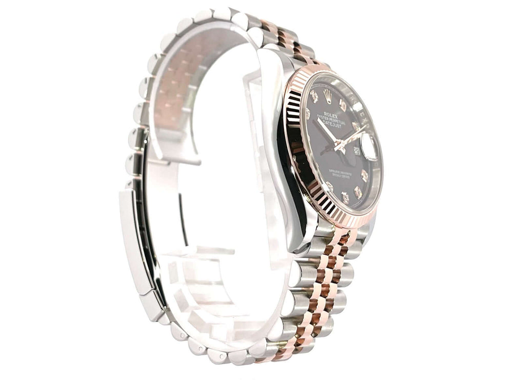 Rolex Datejust 36 Oystersteel Everose-Gold 126231 Schwarz Diamant Jubile-Band, Edelstahl- und Roségold-Armband, schwarzes Diamantzifferblatt
