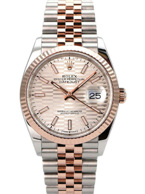 Rolex Datejust 36 Oystersteel Everose-Gold 126231 Silber Riffelmuster Jubile-Band auf silbernem Zifferblatt.