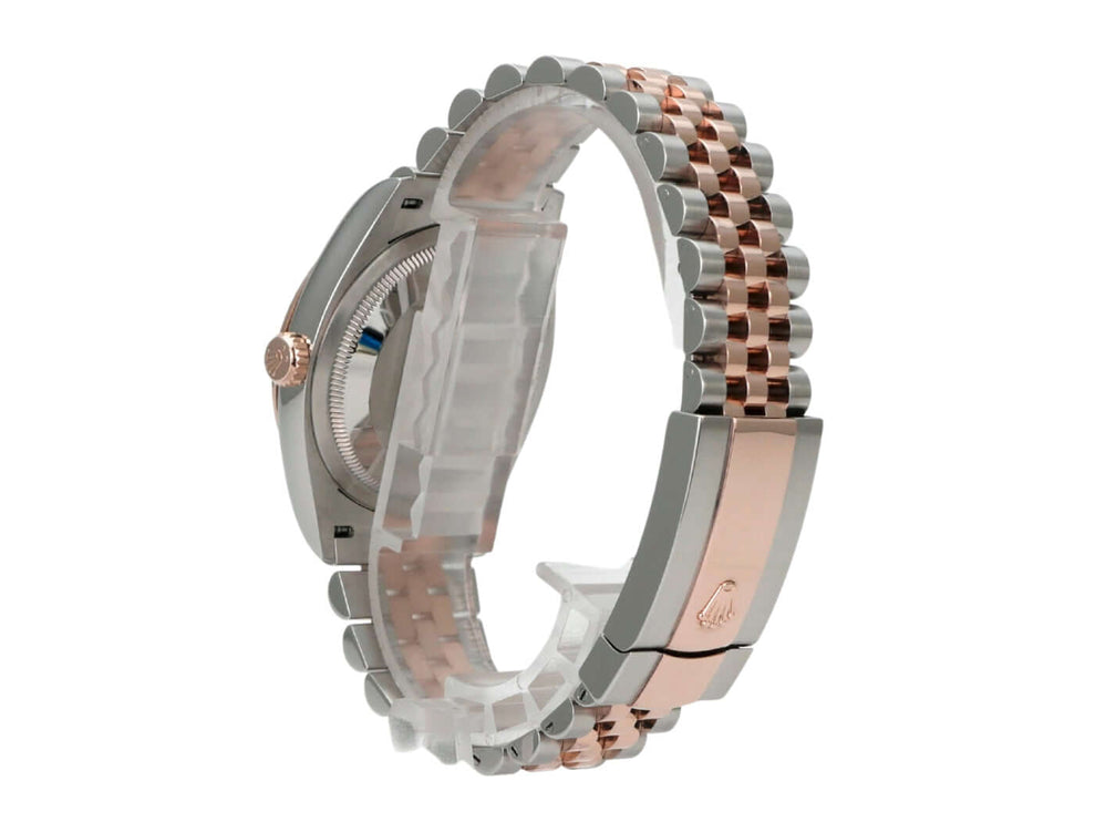 Rolex Datejust 36 Oystersteel Everose-Gold 126231 Silber Riffelmuster Jubile-Band mit poliertem Armband.