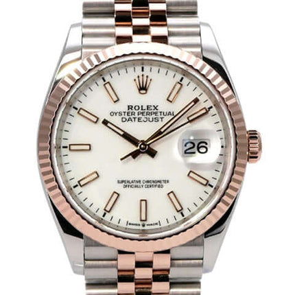 Rolex Datejust 36 126231 Weiß Index Jubile-Band Uhr mit Edelstahl- und Everose-Gold-Gehäuse und Jubilé-Armband.