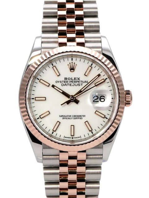Rolex Datejust 36 126231 Weiß Index Jubile-Band Uhr mit Edelstahl- und Everose-Gold-Gehäuse und Jubilé-Armband.