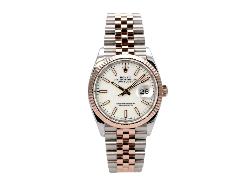 Rolex Datejust 36 126231 Weiß Index Jubile-Band mit Edelstahl- und Everose-Gold-Armband.